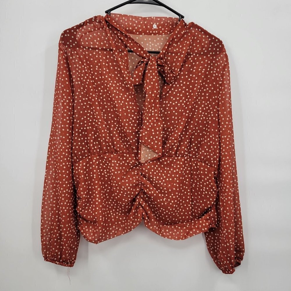 Chiffon Bow Neck Long Sleeve Crop Top Polka Dots Sheer Lightweight XL Womens NWT